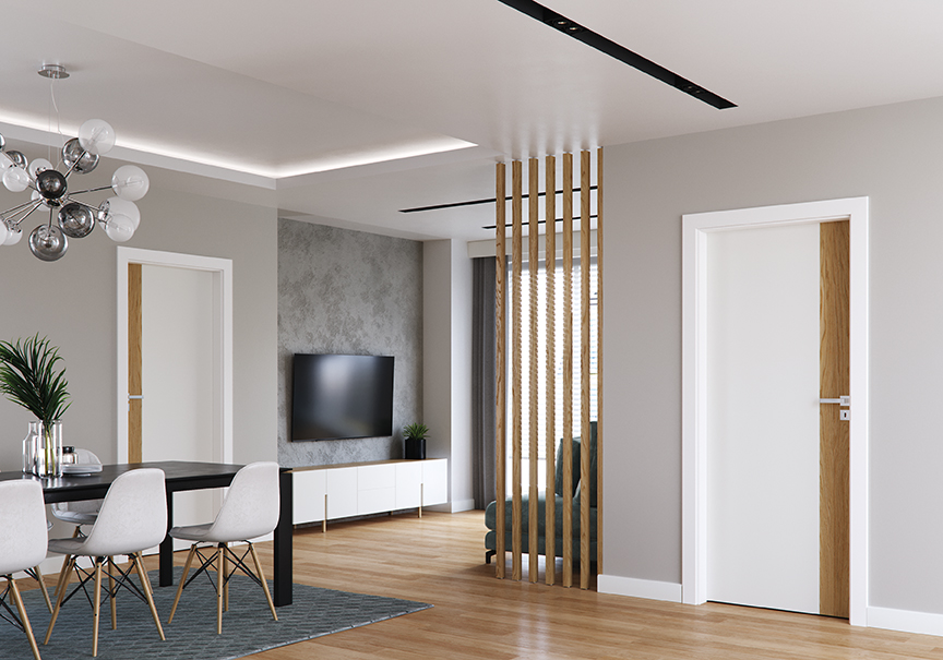 Contemporary living space featuring a white door with a sleek grey handle, complementing the minimalist design and natural wood accents.